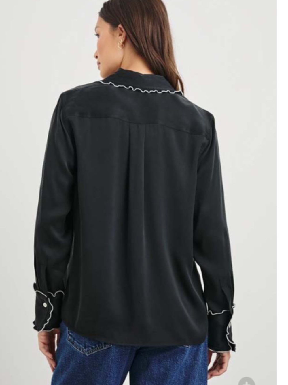 Rails Fia Black silk Button Down Shirt with White lettuce edging, S,  CB2676 - Picture 2 of 7